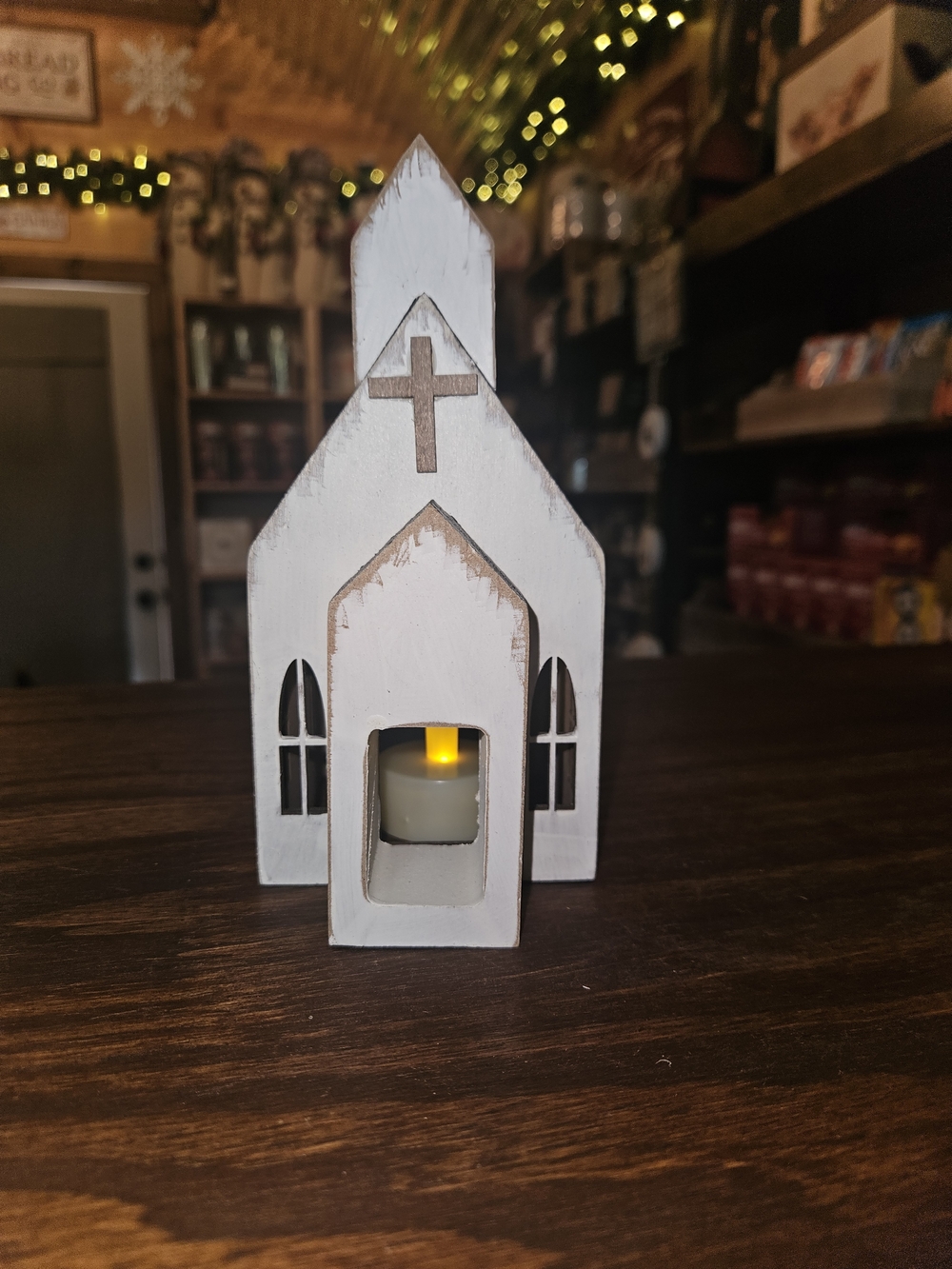 White Wooden Church Tealight Holder - Unbranded